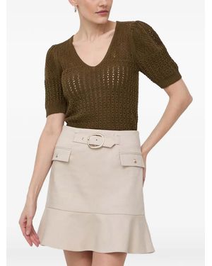 Morgan V-Neck Puff-Sleeve Knit Top - Brown