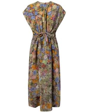 Anntian Simple Floral-Print Tie-Waist Midi Dress - Natural