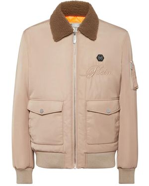 Philipp Plein Shearling-Collar Bomber Jacket - Natural