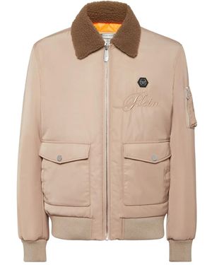Philipp Plein Shearling-Collar Bomber Jacket - Natural