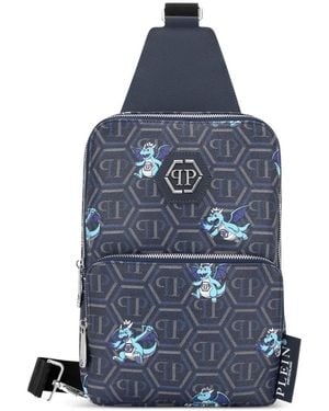 Philipp Plein Monogram-Print Dragon-Motif Shoulder Bag - Blue