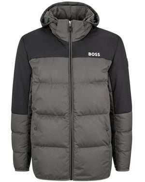 BOSS Logo-Print Hooded Down Jacket - Grey
