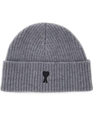 Ami Paris Ami De Coeur Ribbed-Knit Beanie Hat - Gray