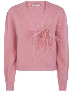 Twinset Feather-Embellished Puffed-Sleeve Cardigan - Pink