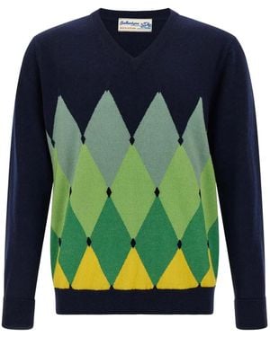 Ballantyne Argyle V-Neck Cashmere Sweater - Blue