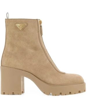 Prada Logo-Plaque Front-Zip Ankle Boots - Natural