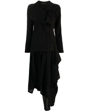 Yohji Yamamoto Ruffle-Detail Asymmetric Coat - Black