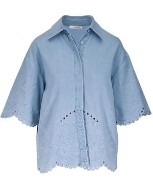 Zimmermann Floral-Embroidered Scalloped Cotton Blouse - Blue
