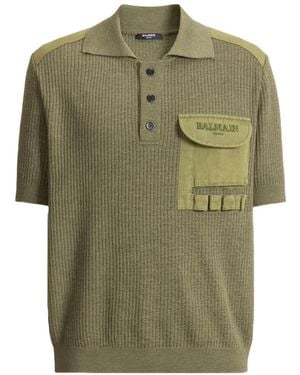 Balmain Vintage Utility Ribbed Knit Polo - Green