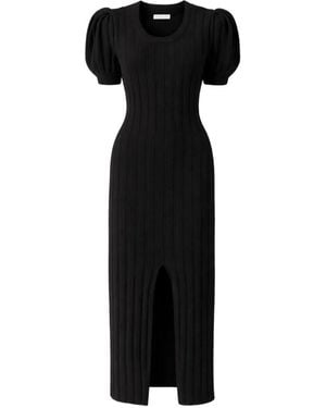 Violante Nessi Ribbed Puff-Sleeve Midi Dress - Black