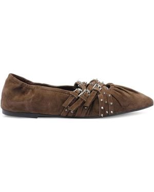 Ash Brendah Pointed-Toe Buckle Ballet Flats - Brown