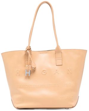 Hogan Adress Debossed Leather Tote Bag - Natural