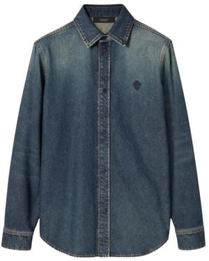Gucci Crest-Embroidered Washed-Effect Shirt - Blue