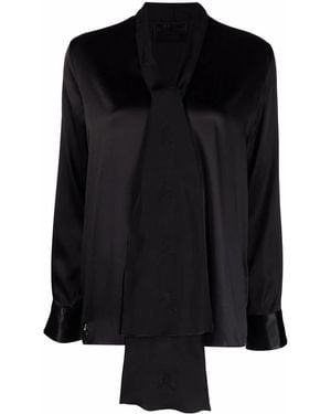 Philipp Plein V-Neck Pussybow Silk Blouse - Black