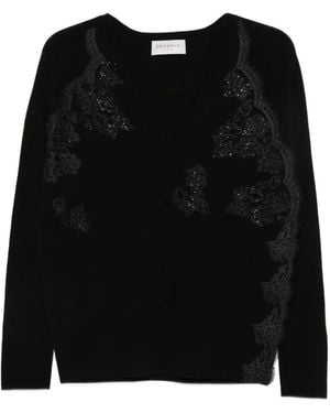 ERMANNO FIRENZE Jersey Con Panel De Encaje Y Cuello En V - Negro