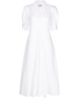 Ganni V-Neck Organic Cotton Midi Dress - White