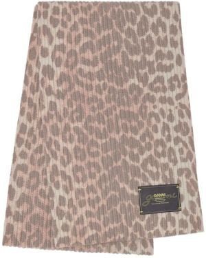 Ganni Leopard-Print Ribbed Scarf - Natural