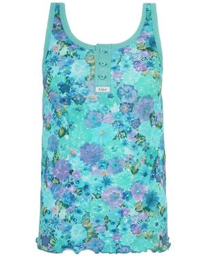 Chloé Floral-Print Ribbed-Knit Top - Blue