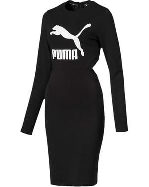 PUMA Logo-Print Long-Sleeve Midi Dress - Black