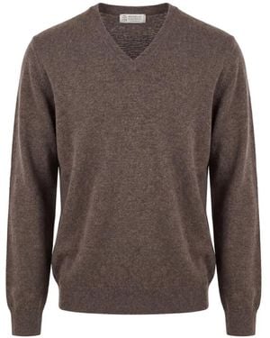 Brunello Cucinelli V-Neck Cashmere Jumper - Brown
