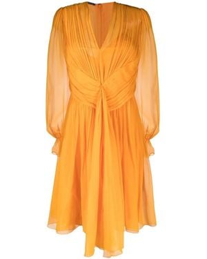 Alberta Ferretti Pleated Silk V-Neck Dress - Orange