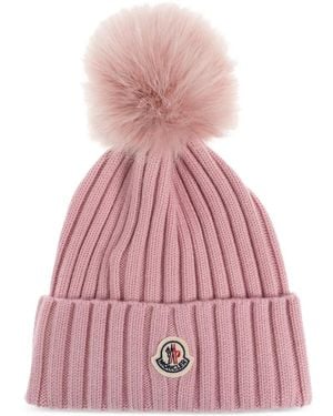 Moncler Ribbed-Knit Pompom Beanie Hat - Pink