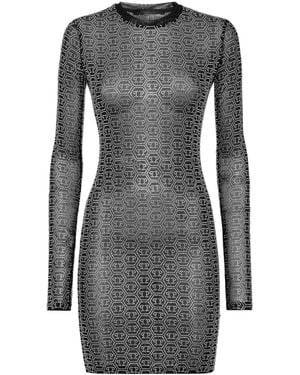 Philipp Plein Crystal-Embellished Mesh Dress - Grey
