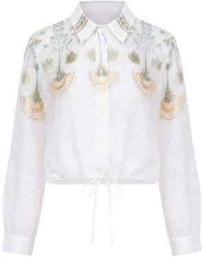 Greek Archaic Kori Papyrus-Embroidered Drawstring Shirt - White