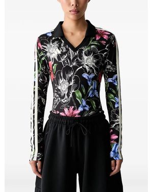 adidas Floral-Print Side-Stripe Bodysuit - Black