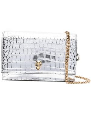 McQueen Skull-Embellished Crocodile-Effect Bag - White