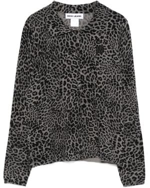 DKNY Logo-Patch Leopard-Pattern Cardigan - Black