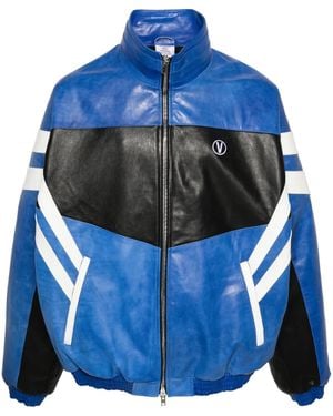Vetements Logo-Embroidered Leather Jacket - Blue