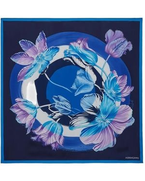 Ferragamo Floral-Print Silk Scarf - Blue