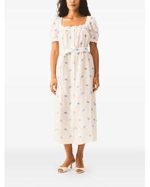Sleeper Linnen Jurk Met Vierkante Hals En Bloemenprint - Wit