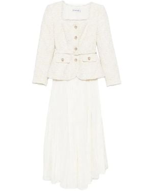 Self-Portrait Bouclé-Knit Pleated Midi Dress - White