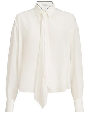 Brunello Cucinelli Silk Crêpe De Chine Shirt With Tie And Shiny Collar - White
