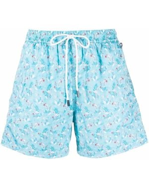 Fedeli Flamingo-Print Drawstring Swim Shorts - Blue