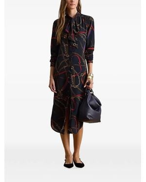 Ralph Lauren Chain Print Tie Neck Midi Dress - Black