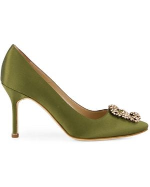Manolo Blahnik Hangisi Crystal-Buckle Satin Pumps - Green