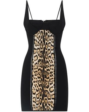 Roberto Cavalli Jaguar-Print Paneled Mini Dress - Black