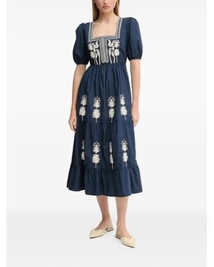 INTROPIA Embroidered Puff-Sleeve Midi Dress - Blue