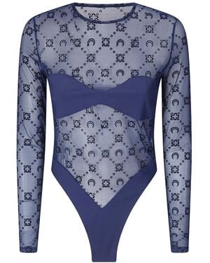 Marine Serre Moonogram Flock-Print Mesh Bodysuit - Blue