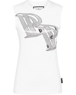Philipp Plein Crystal-Embellished Logo-Print Tank Top - White