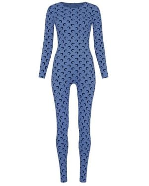 Marine Serre Moon-Print Long-Sleeve Jumpsuit - Blue