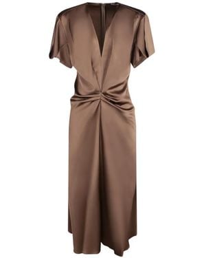 Blanca Vita Ruched V-Neck Midi Dress - Brown