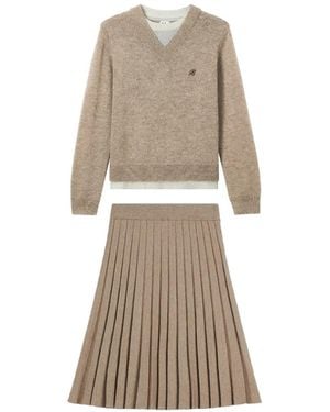 B+ AB Elasticated-Waist Pleated Midi Skirt Set (Set Of Two) - Natural