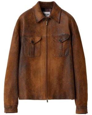 Miu Miu Embossed-Logo Leather Jacket - Brown