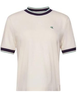 Calvin Klein Logo-Embroidered Striped-Trim T-Shirt - Natural