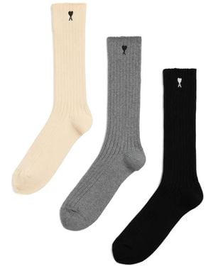 Ami Paris Cotton Three-Pack Socks With Ami De Coeur - White