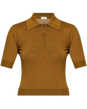 Saint Laurent Cassandre-Embroidery Polo Top - Brown